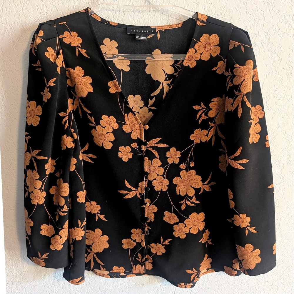 Anthropology-Sanctuary Black Floral V-Neck Button Front Puff Sleeve Blouse M
